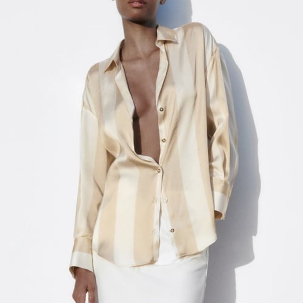 NWT - Zara Satin Effect Oversized Shirt - Ecru/Beige Stripe - Size S